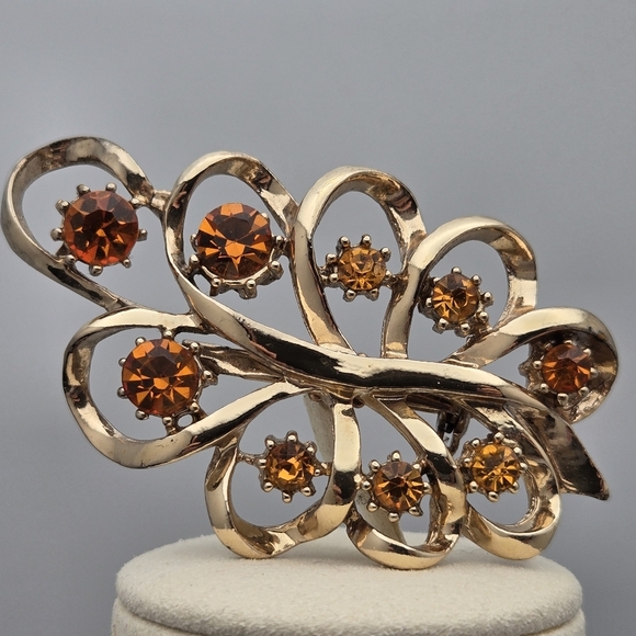 Coro Feather Brooch Vintage Art Deco Era Pin Gold Tone Amber Stones - Picture 9 of 9